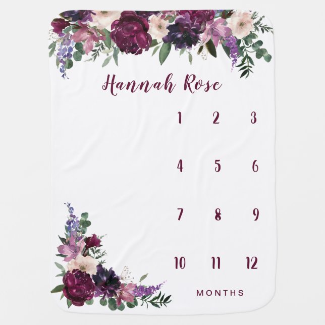 Burgundy & Cream Floral Baby Girl Milestone  Baby Blanket (Front)