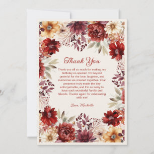 Burgundy Cream Floral Birthday Thank You Card