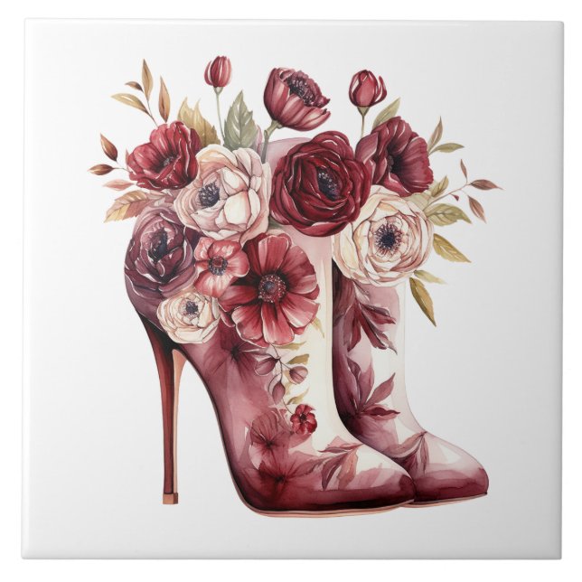 Burgundy Cream Floral Boots Ceramic Tile (Front)