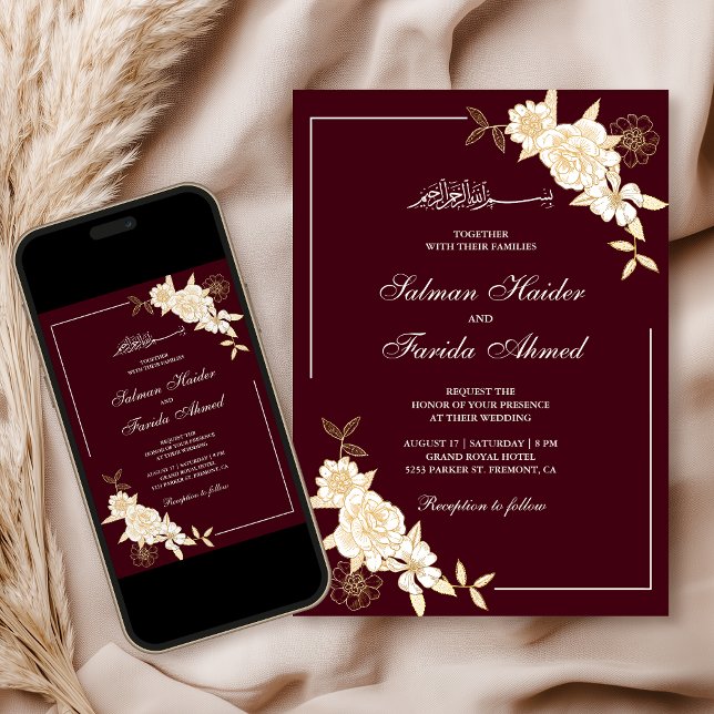 Burgundy Cream Floral Branch Muslim Wedding Invitation (Creator Uploaded)