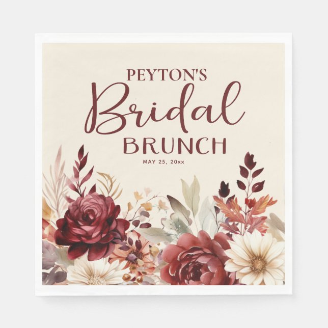 Burgundy Cream Floral Bridal Brunch Napkins (Front)