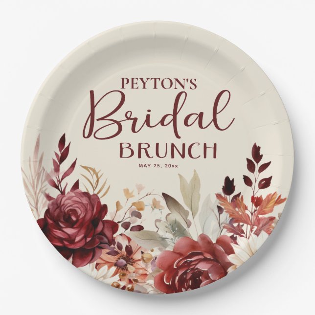 Burgundy Cream Floral Bridal Brunch Paper Plates (Front)
