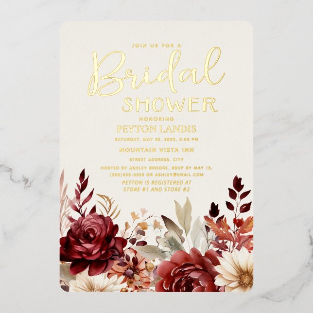 Burgundy Cream Floral Bridal Shower Foil Invitation (Front)