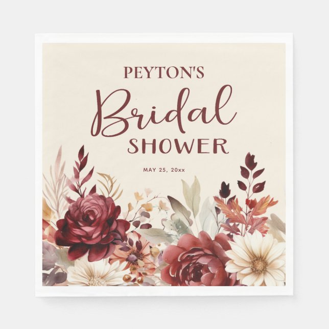 Burgundy Cream Floral Bridal Shower Napkins (Front)