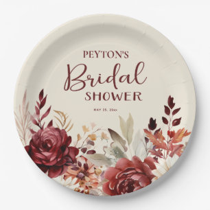 Burgundy Cream Floral Bridal Shower Paper Plates
