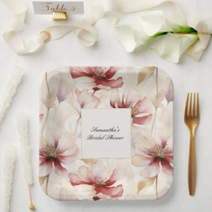 Burgundy Cream Floral Bridal Shower Paper Plates