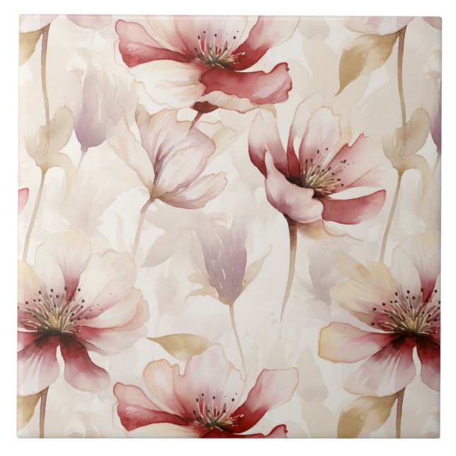 Burgundy Cream Floral Ceramic Tile (Front)