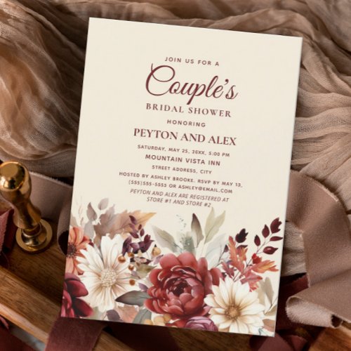 Burgundy Cream Floral Couples Bridal Shower Invitation