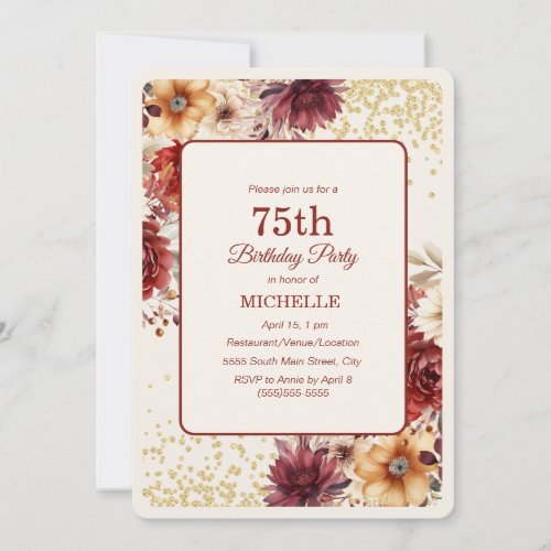 Burgundy Cream Floral Gold Glitter 75th Birthday Invitation