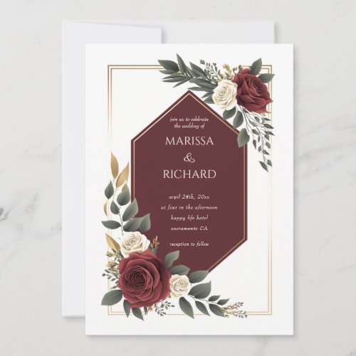 Burgundy Cream Floral Rose Diamond Shape Wedding Invitation