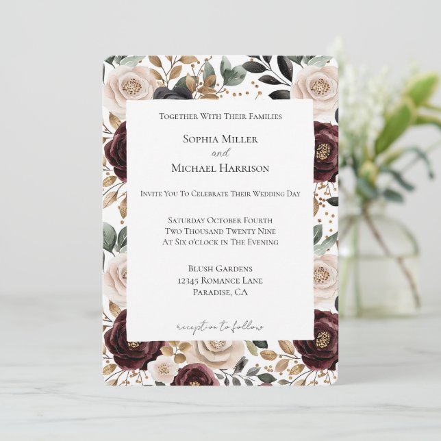 Burgundy Cream Floral Wedding Invitation (Standing Front)