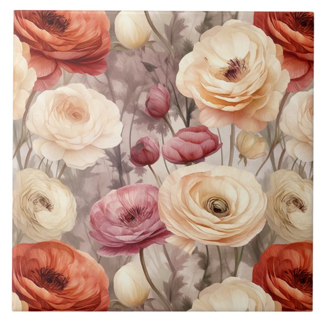 Burgundy Cream Flowers Ceramic Tile (Front)