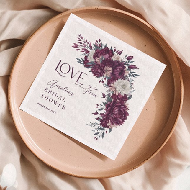 Burgundy Cream Flowers Love in Bloom Bridal Shower Napkins (Creator Uploaded)
