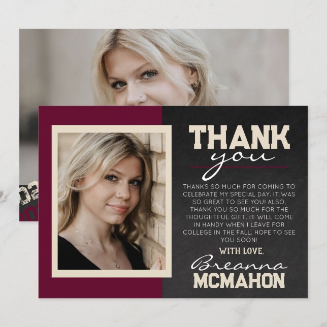 Burgundy & Cream Graduation 2 Photo Thank You Card (Front/Back)
