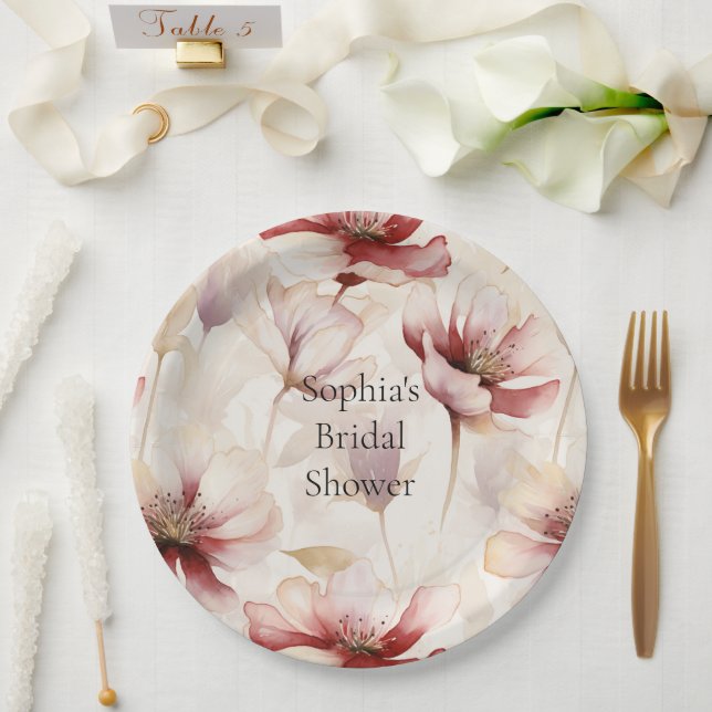 Burgundy Cream Lavender Floral Bridal Shower Paper Plates (Wedding)