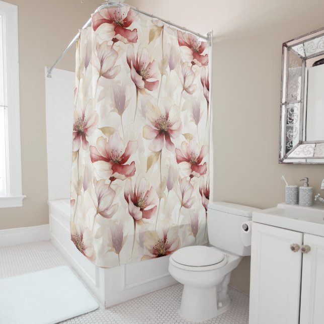 Burgundy Cream Lavender Floral Bridal Shower Shower Curtain (In Situ)