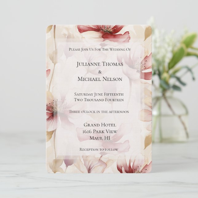 Burgundy Cream Lavender Floral Romantic Wedding Invitation (Standing Front)