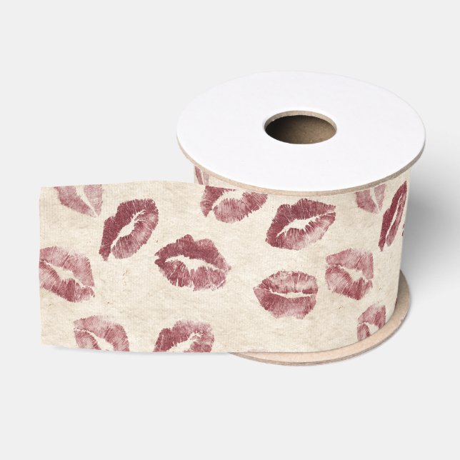 Burgundy Cream Lips Kiss Bridal Shower Grosgrain Ribbon (Spool)