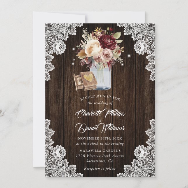 Burgundy Cream Mauve Rustic Wood Floral Wedding Invitation (Front)