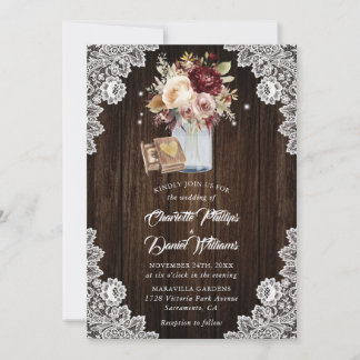 Burgundy Cream Mauve Rustic Wood Floral Wedding Invitation