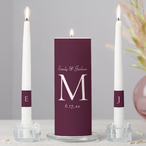 Burgundy Cream Monogram Wedding Unity Candle Set