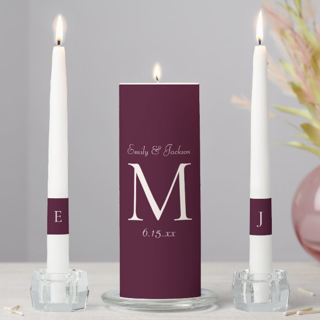 Burgundy Cream Monogram Wedding Unity Candle Set (In Situ)