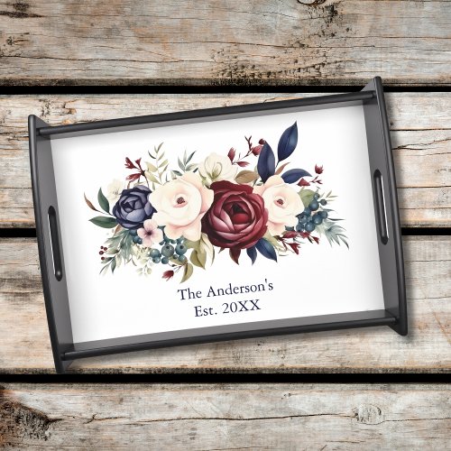 Burgundy Cream Navy Blue Floral Watercolor Serving Tray