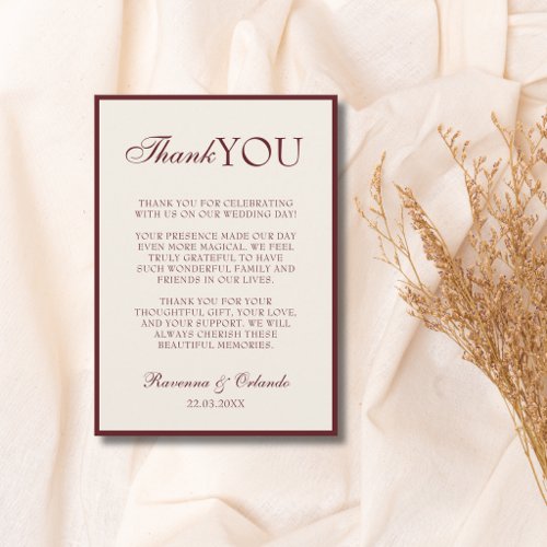 Burgundy Cream Old Money Classic Wedding Thank You Announcement