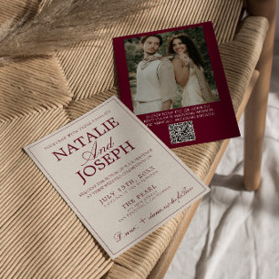 Burgundy Cream Old Money Photo QR Code Wedding Invitation