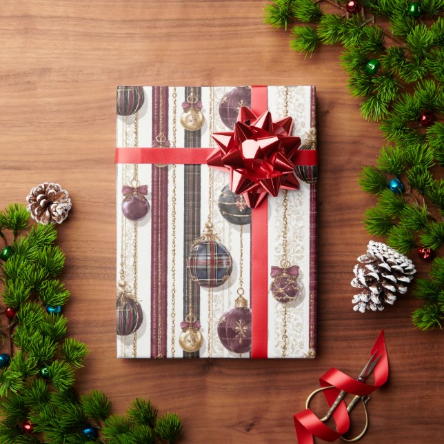 Burgundy Cream Ornaments Stripes Christmas Wrapping Paper (Holiday Gift)