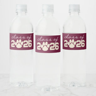 Burgundy & Cream Paw Print Graduation Water Bottle Label