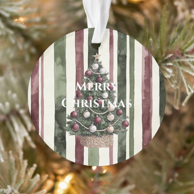 Burgundy Cream Pine Green Stripes Christmas Tree Ornament (Tree)