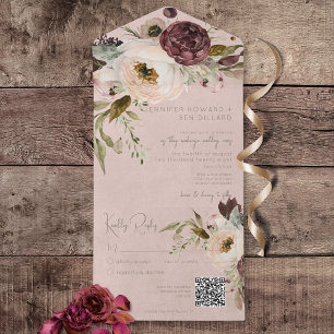 Burgundy Cream & Pink Vintage Peonies Pink QR Code All In One Invitation