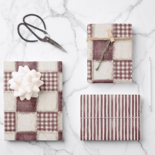 Burgundy Cream Plaid Stripes Christmas Wrapping Paper Sheets