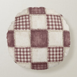 Burgundy Cream Plaid Stripes Round Pillow