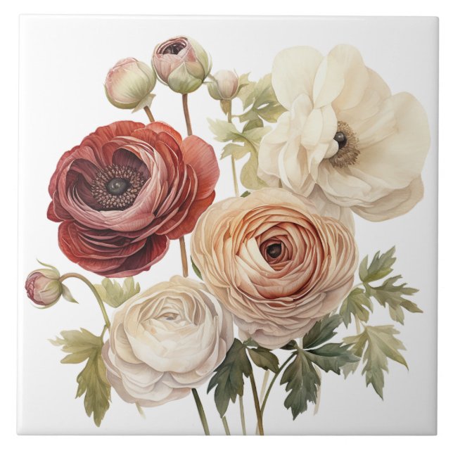 Burgundy Cream Ranunculus Flowers Ceramic Tile (Front)