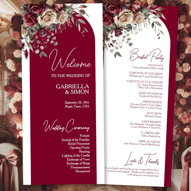 Burgundy & Cream Roses Stylish Arch Wedding Program (Front/Back)