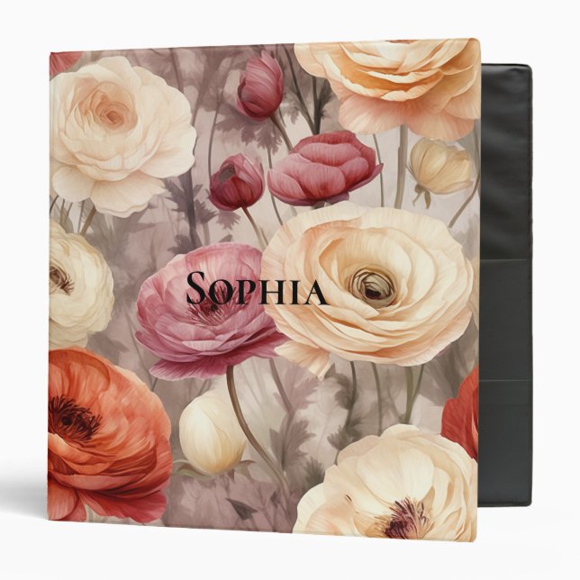 Burgundy Cream Spring Flowers  3 Ring Binder (Front/Inside)