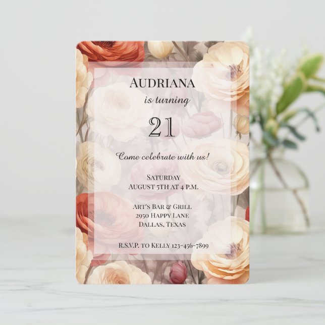 Burgundy Cream Spring Flowers Birthday Invitation (Standing Front)