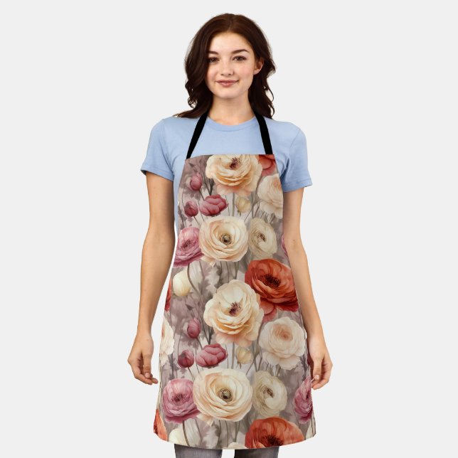 Burgundy Cream Spring Flowers Bridal Shower Apron (Worn)