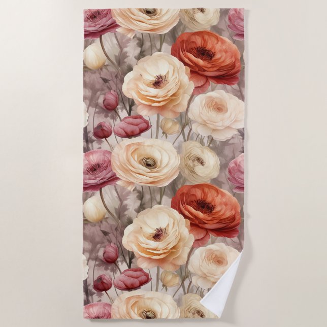 Burgundy Cream Spring Flowers Bridal Shower Beach Towel (Front)