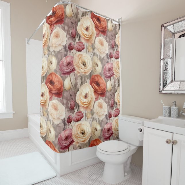 Burgundy Cream Spring Flowers Bridal Shower Curtain (In Situ)