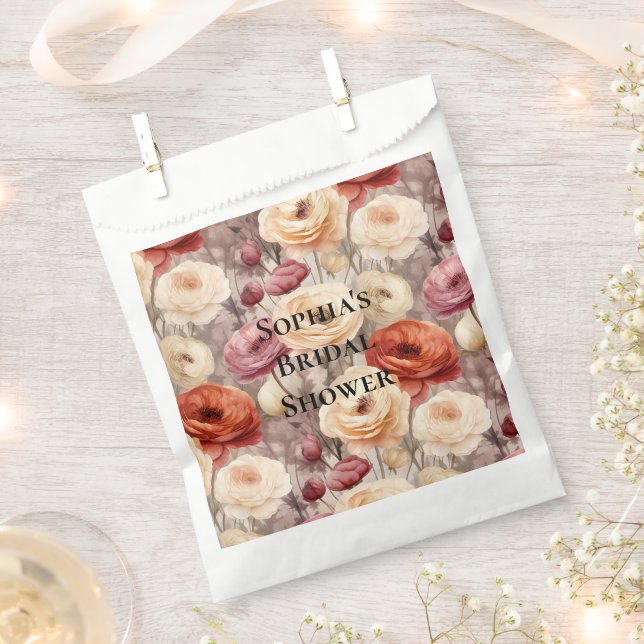 Burgundy Cream Spring Flowers Bridal Shower Favor Bag (Clipped)