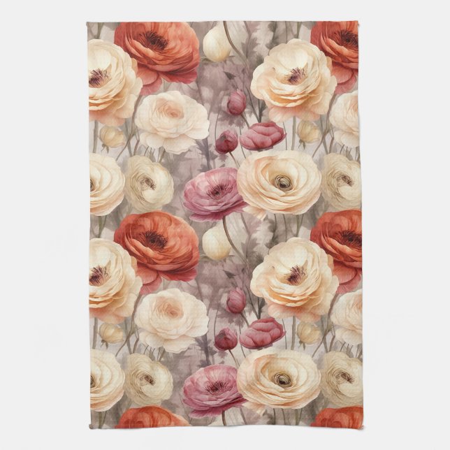Burgundy Cream Spring Flowers Bridal Shower Kitchen Towel (Vertical)