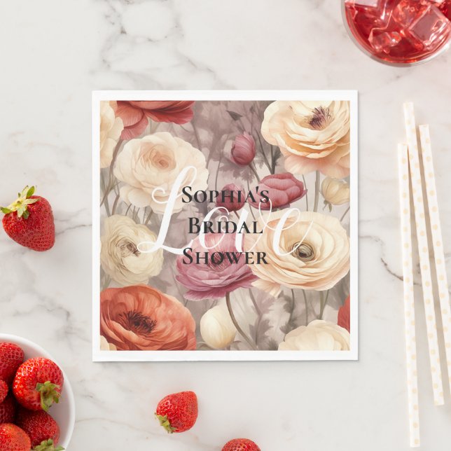 Burgundy Cream Spring Flowers Bridal Shower Napkins (Insitu)