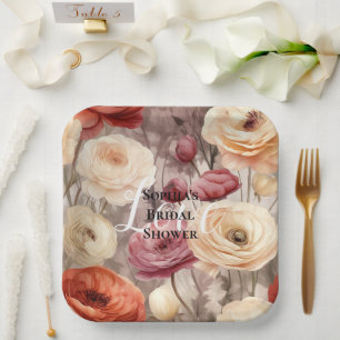 Burgundy Cream Spring Flowers Bridal Shower Paper Plates
