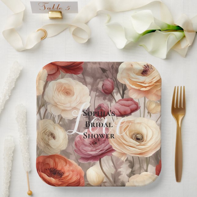 Burgundy Cream Spring Flowers Bridal Shower Paper Plates (Wedding)