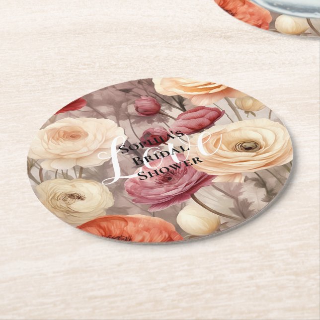 Burgundy Cream Spring Flowers Bridal Shower Round Paper Coaster (Angled)
