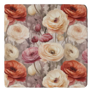 Burgundy Cream Spring Flowers Bridal Shower Trivet