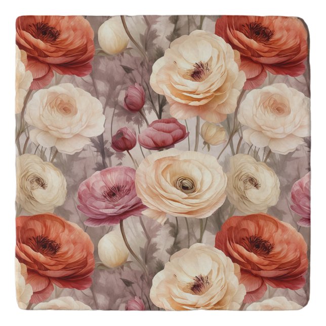Burgundy Cream Spring Flowers Bridal Shower Trivet (Front)